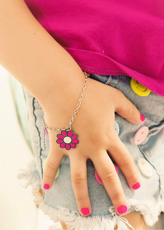 Pulseira flor rosa de resina infantil em aço inoxidável hipoalergênico