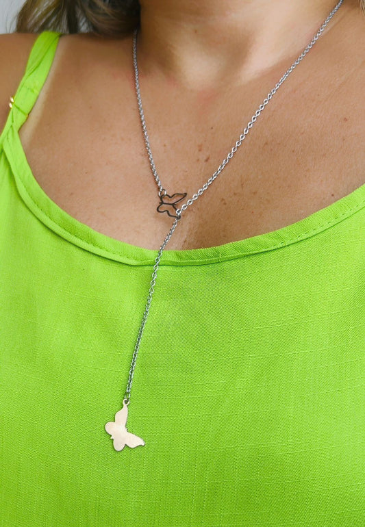 Colar gravata de aço inox borboletas