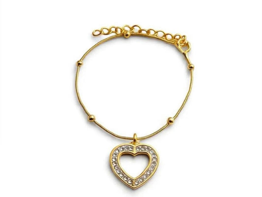 Pulseira de aço inox, banho dourado, corrente serpente c/ 5 bolinhas, coração vazado cravejado, 22 cm