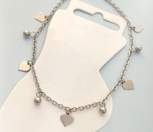 Tornozeleira de aço inox, Corações lisos e Bolinhas 28 cm