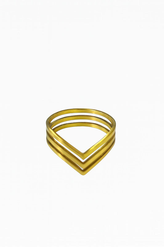 Anel Importado de aço inox, Banho dourado/ Mini curva V tripla