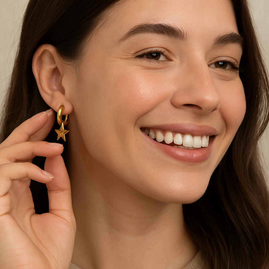 Brinco de argola click em aço inox com banho dourado e pingente de estrela