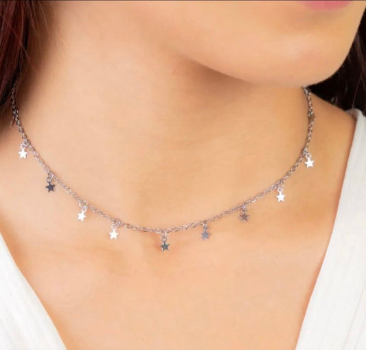 Choker de aço inox, 9 mini estrelinhas 37 cm