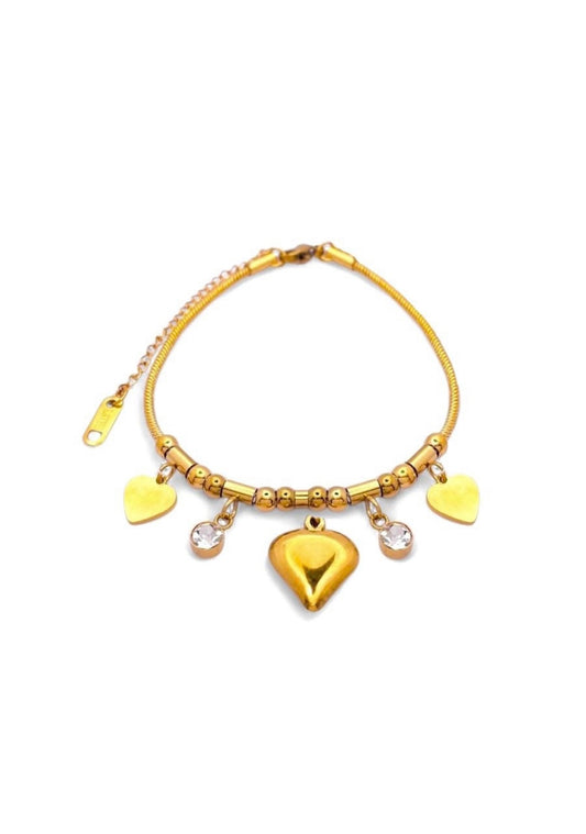 Pulseira de aço inox, banho dourado com corrente serpente com corações e strass 21 cm