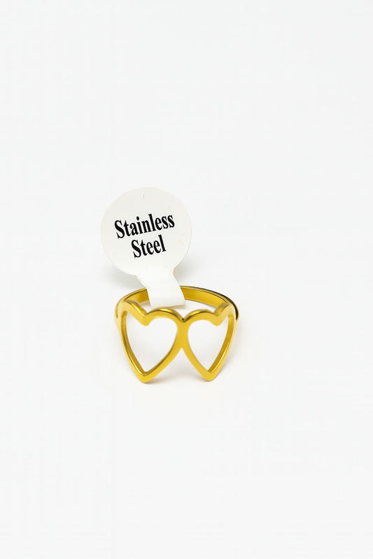 Anel Importado de aço inox, Banho dourado dois Corações médio vazados