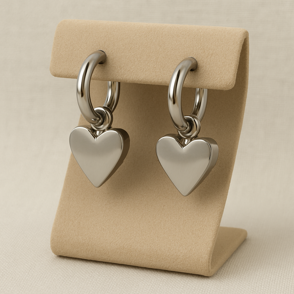 Brinco de argola click em aço inox e pingente de coração - hipoalergênico