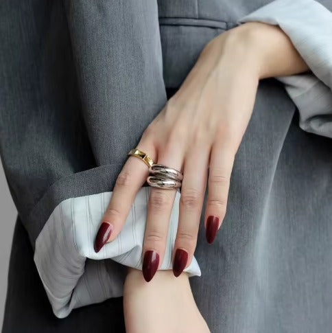 Anel de aço inox geométrico dupla camada sobreposta