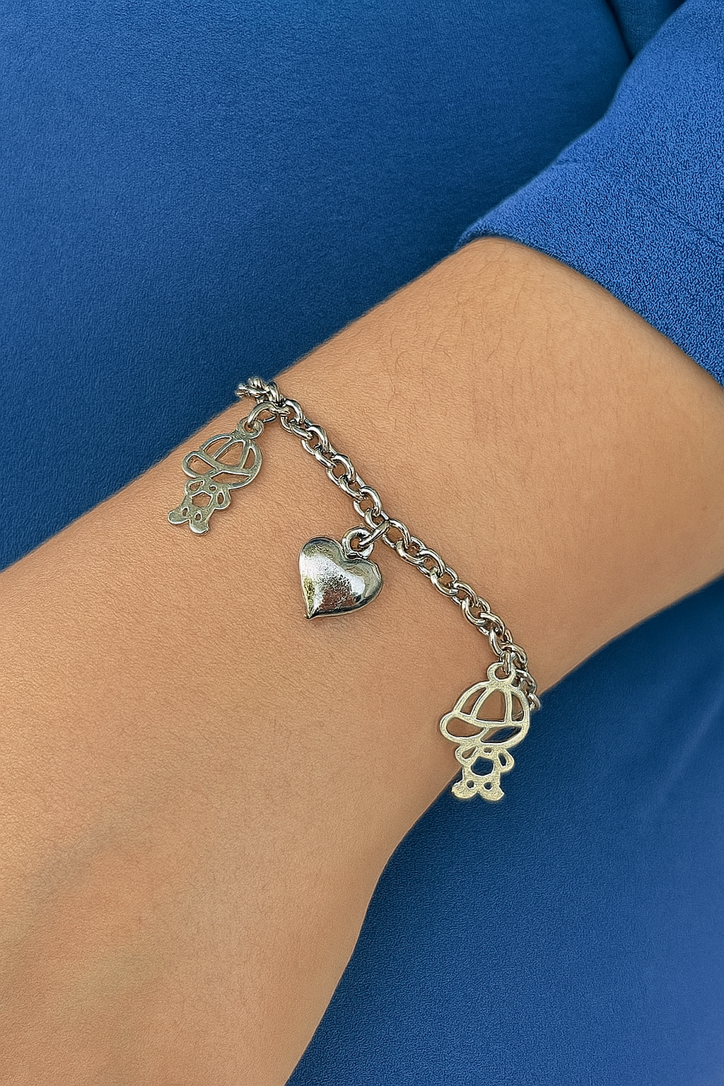 Pulseira de aço inox, coração robusto e 2 meninos 17 cm