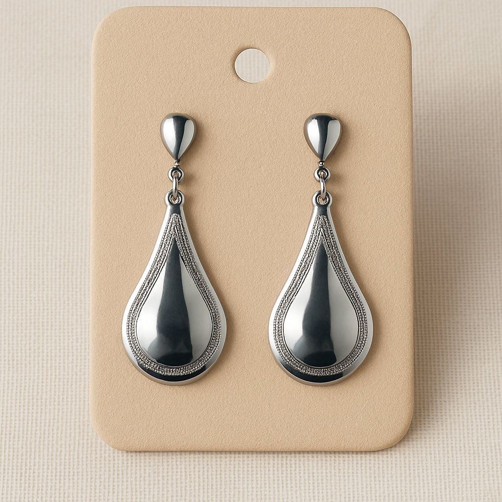 Brinco de aço inox hipoalergênico gota com detalhes na borda.