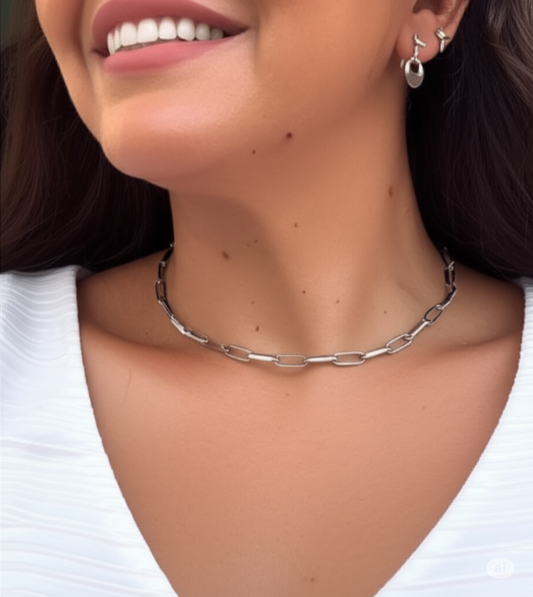 Choker de aço inox, elo Cartier quadrado 37 cm