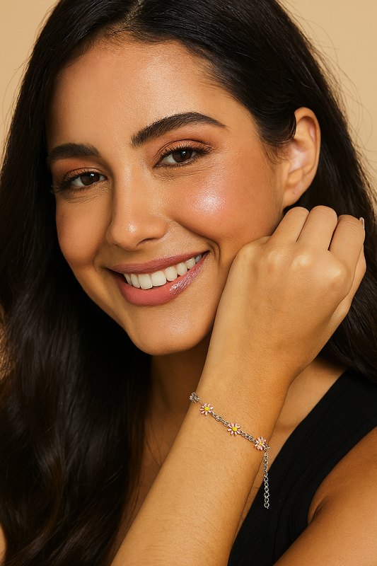 Pulseira de aço inox margaridas esmaltada rosa com amarelo