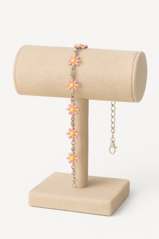 Pulseira de aço inox margaridas esmaltada rosa com amarelo