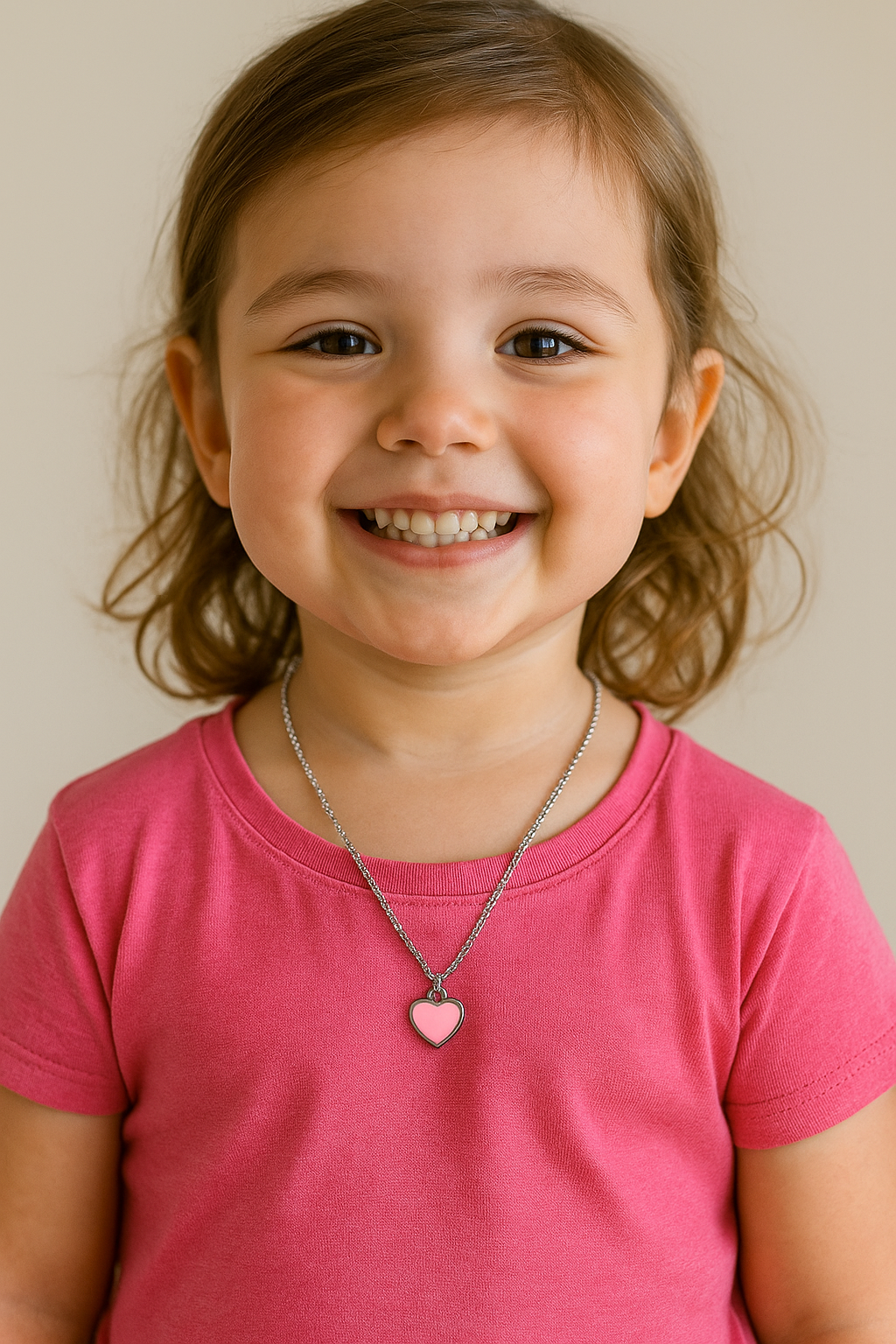 Colar Mini elo português aço inox infantil coração rosa 43 cm