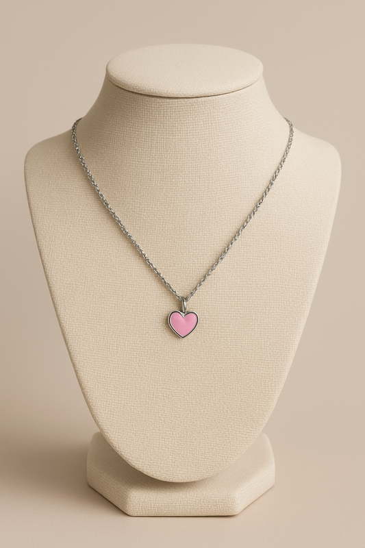 Colar Mini elo português aço inox infantil coração rosa 43 cm