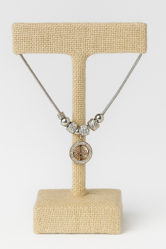 Pulseira de aço inox, fecho regulável Árvore da vida vazado c/ strass e bolinhas