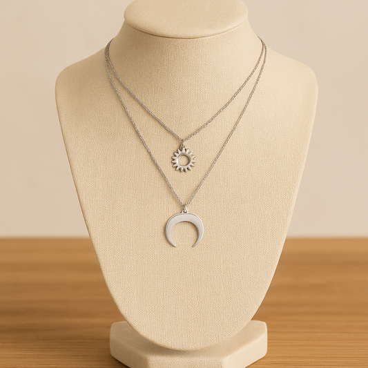 Colar duplo de aço inox, Sol e Lua 40 e 50 cm