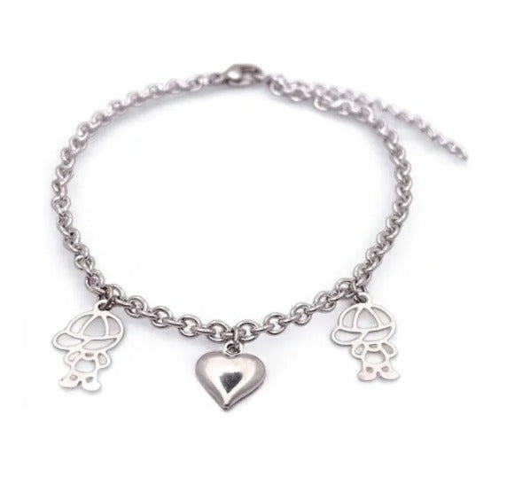 Pulseira de aço inox, coração robusto e 2 meninos 17 cm
