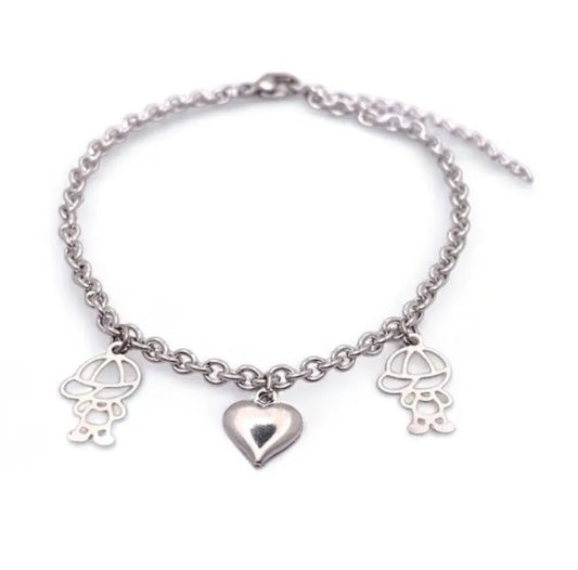 Pulseira de aço inox, coração robusto e 2 meninos 17 cm