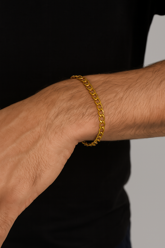 Pulseira masculina de aço inox, banho dourado elo Groumet 21 cm x 4 mm