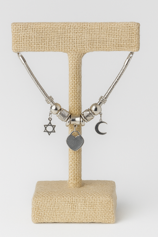 Pulseira de aço inox, corrente rabo de rato, coração liso, bolinhas, sol e lua