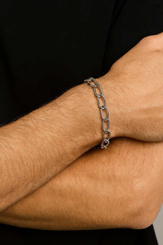 Pulseira Masculina de aço inox, elo Groumet alongado 21 cm